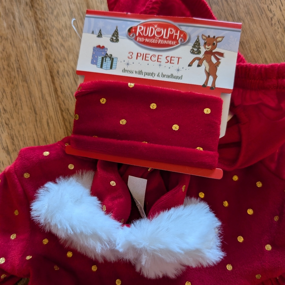 NWT! Baby Girl's Rudolph The Red Nosed Reindeer Soft Velour Christmas Dress Set - Picture 7 of 11